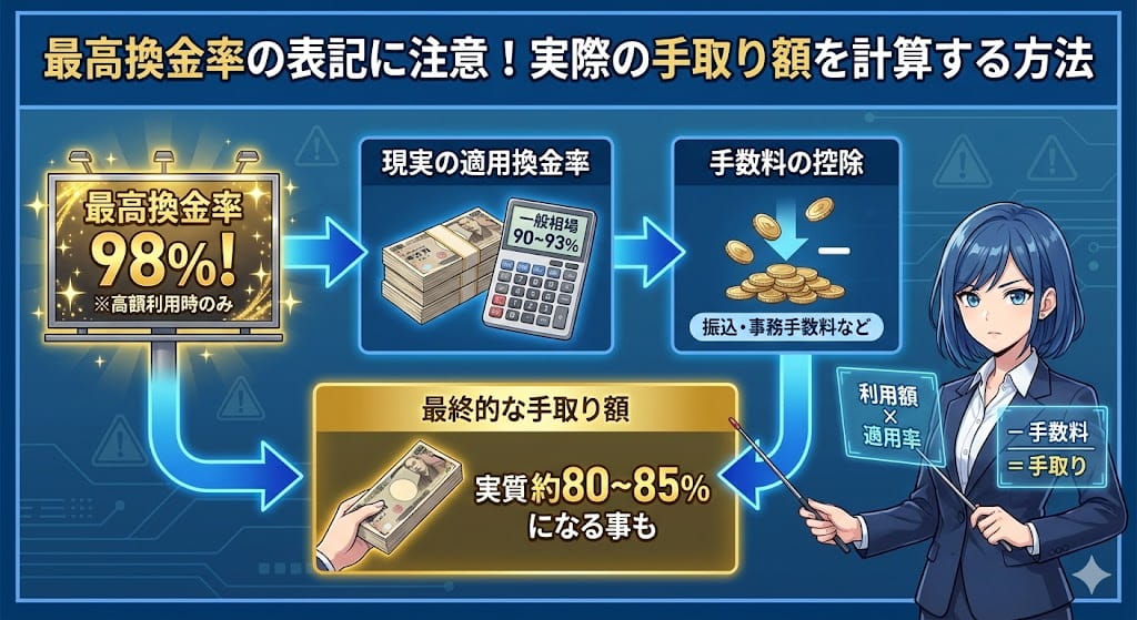 最高換金率の表記に注意!実際の手取り額を計算する方法